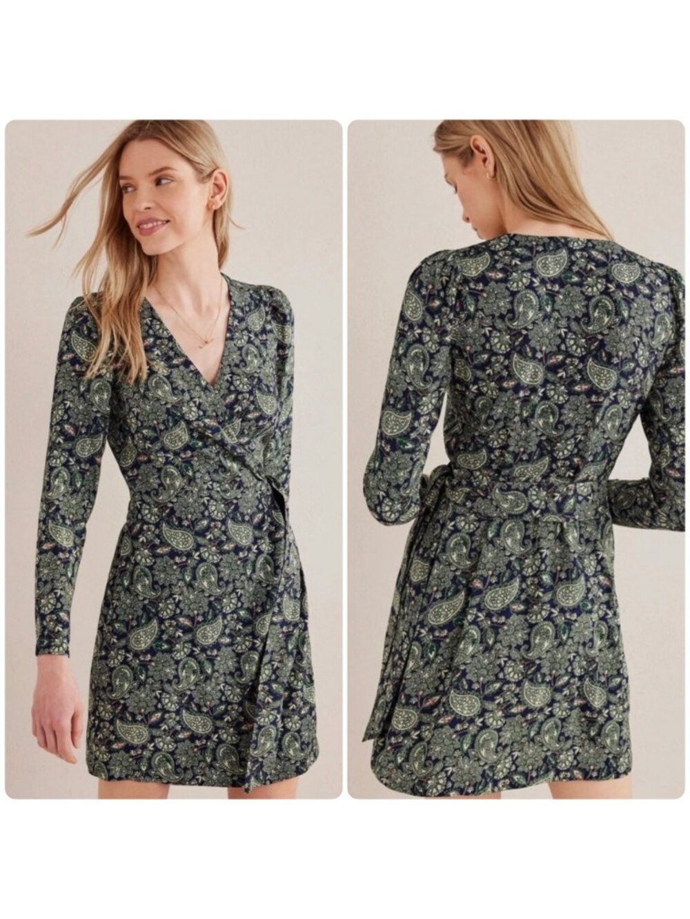 Boden Wini Ruched Paisley Wrap Dress Women 6L Green V-Neck Mini Adjustable Waist